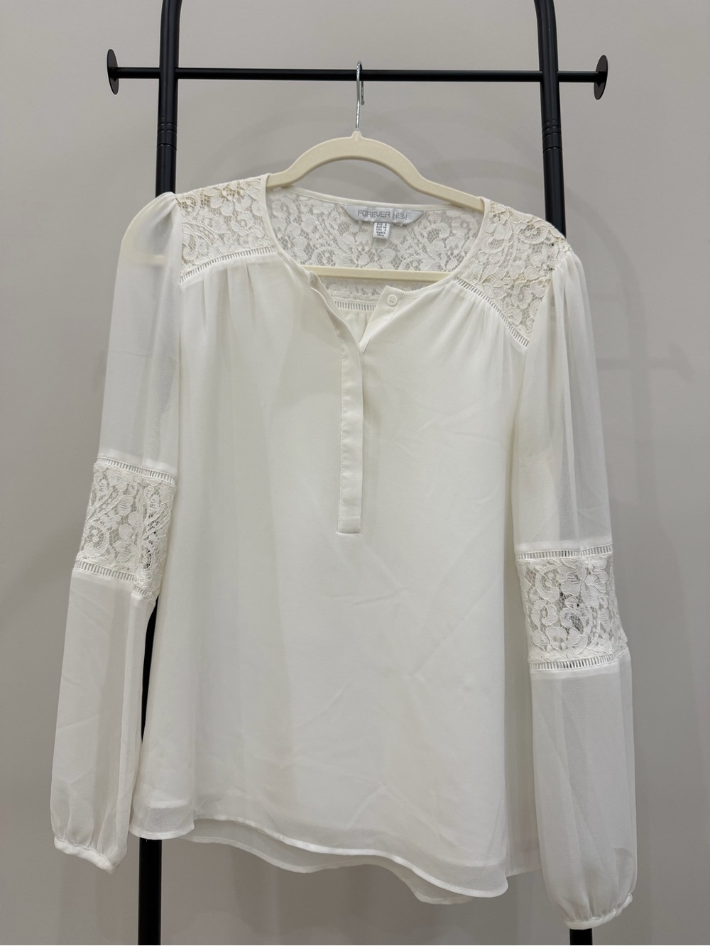Forever New Cream Lace Yoke Long Sleeve Blouse